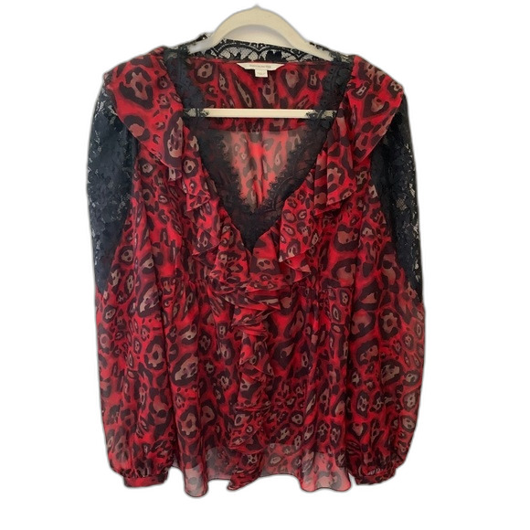 Boston Proper Sheer Red Black Animal Print Lace Peplum Tunic Top Size 10 - Picture 2 of 13